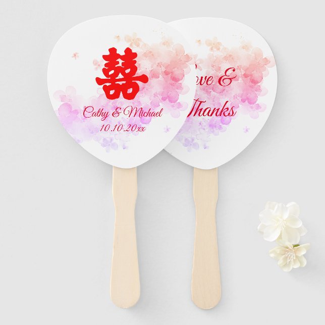 Éventail Eau mariage rouge de Chine fleurs de cerisier (Devant et derrière)