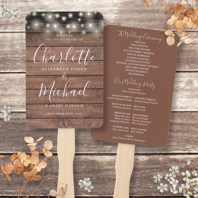 Éventail Éclairages à cordes en bois rustique Programme de  (Rustic Wood String Lights Script Wedding Program Hand Fan)