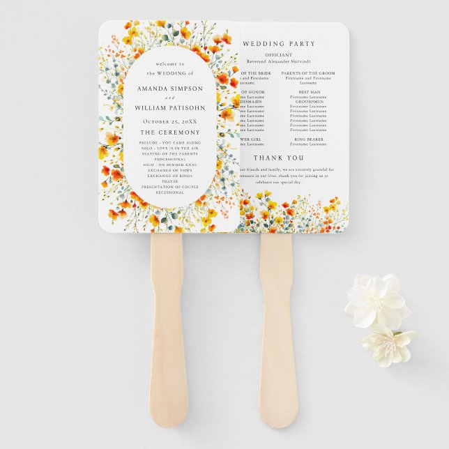 Éventail Elégant Aquarelle Fleurs sauvages Programme de mar (Devant et derrière)