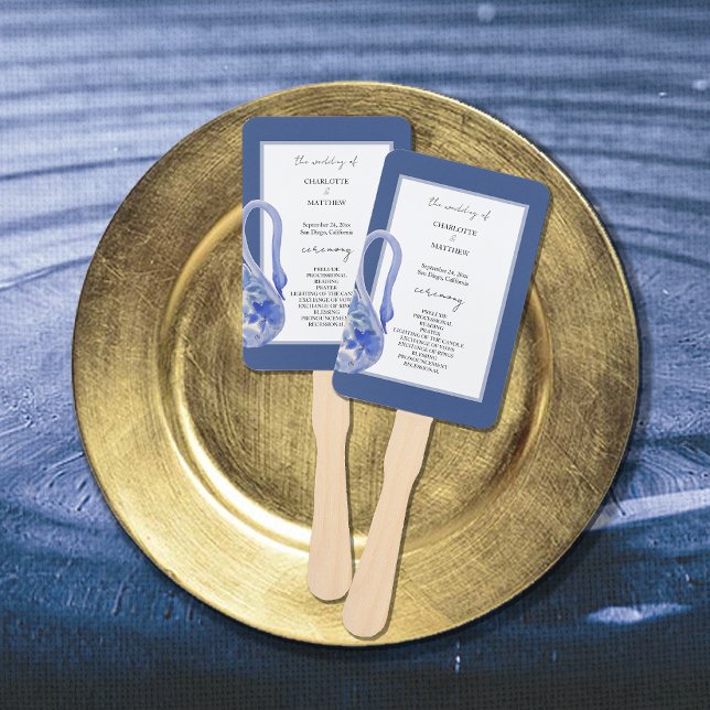 Éventail Elégant Beau Bleu Boho Swan Aquarelle (Créateur téléchargé)