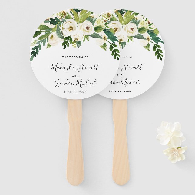 Éventail Elégant blanc Aquarelle Floral Mariage (Devant et derrière)