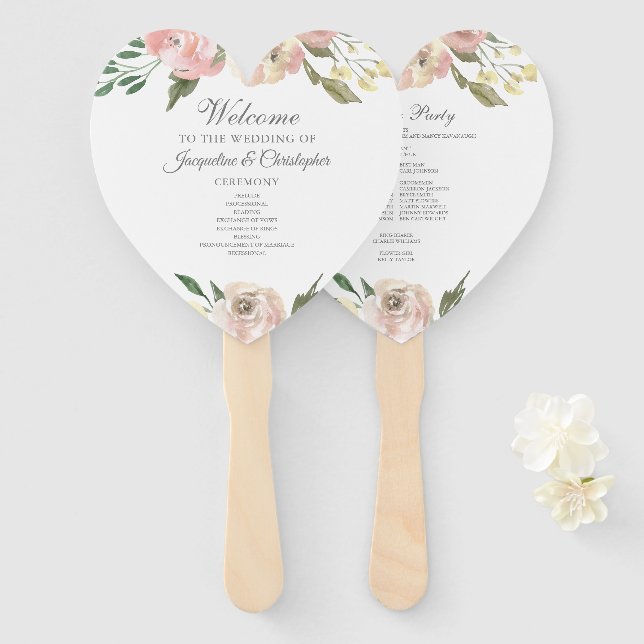 Éventail Élégant Blush Pink Floral Garden Programme de mari (Devant et derrière)