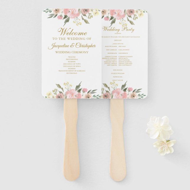 Éventail Élégant Blush Pink Gold Floral Programme de mariag (Devant et derrière)