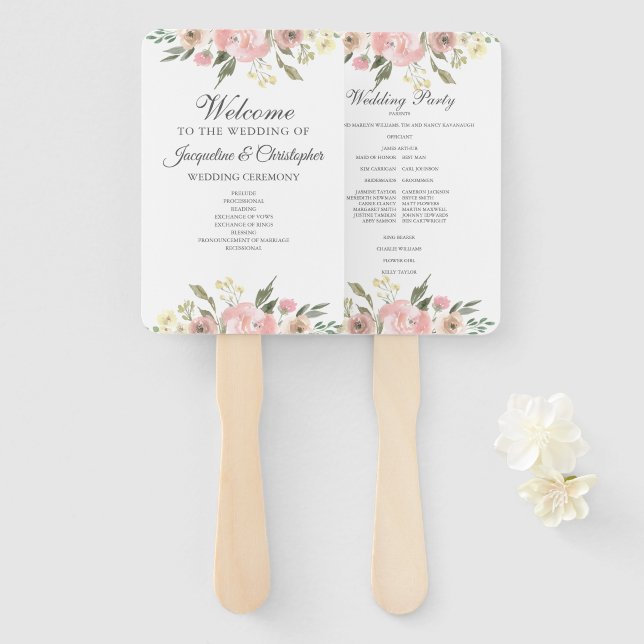 Éventail Élégant Blush rose Floral Programme de mariage de  (Devant et derrière)