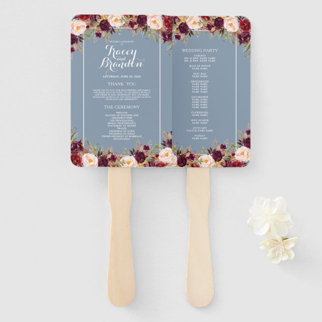 Éventail Élégant Bourgogne Floral Dusty Blue Wedding Progra (Devant et derrière)