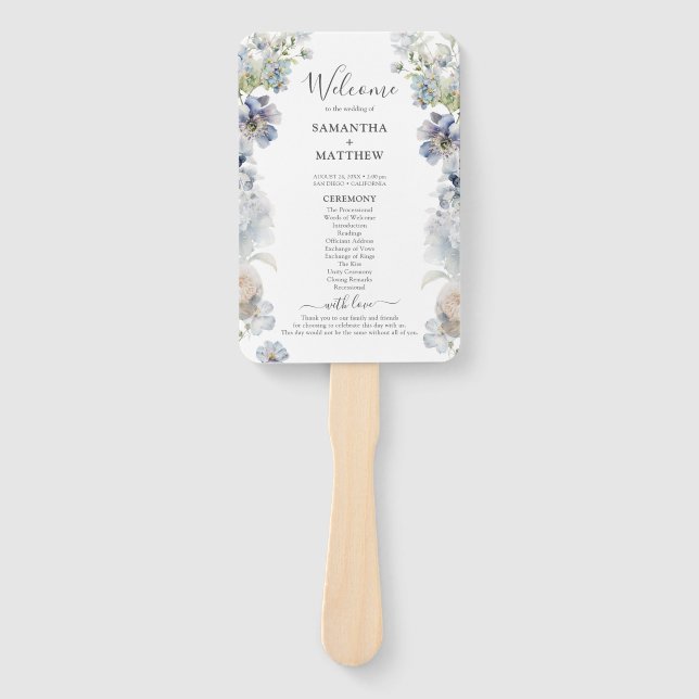 Éventail Élégant Dusty Blue Floral Programme de mariage à l (Devant)