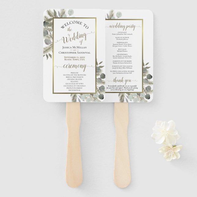 Éventail Elégant Eucalyptus & Golden Pine Wedding Programme (Devant et derrière)