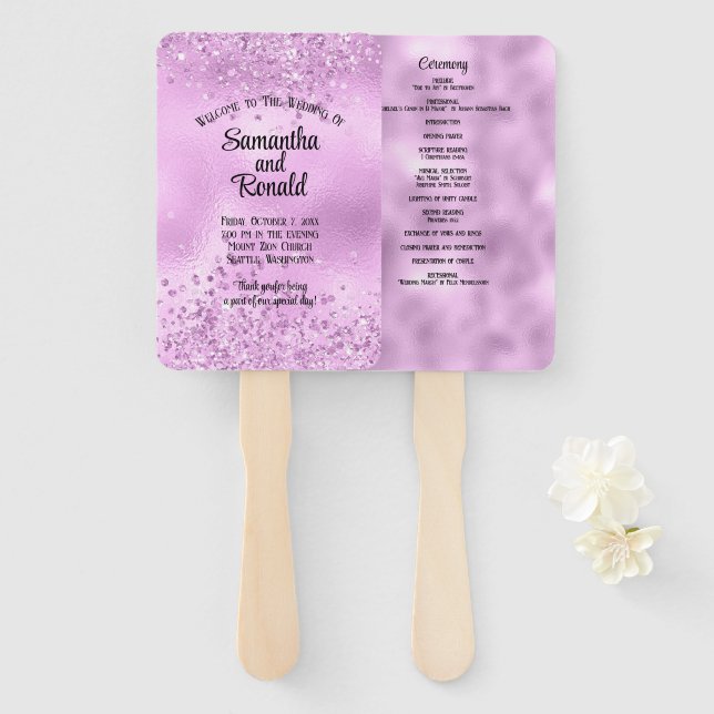 Éventail Elégant Faux Lilac Parties scintillant & Foil Wedd (Devant et derrière)