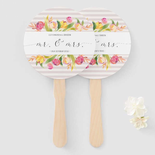 Éventail Élégant Floral Mr & Mrs Mariage | Ventilateurs (Devant et derrière)