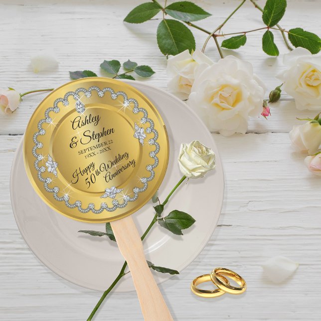 Éventail Elegant Gold Diamonds 50th Wedding Anniversary (Elegant Faux Gold Diamonds 50th Wedding Anniversary Hand Fan)