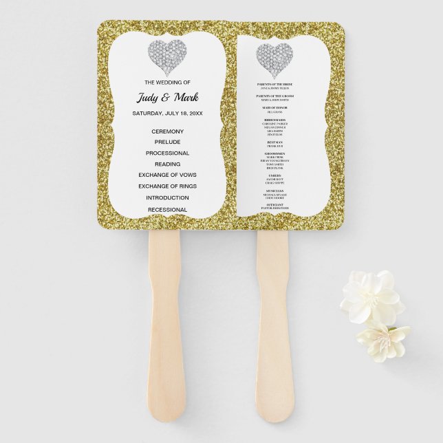 Éventail Élégant Gold Parties scintillant Coeur Mariage Pro (Devant et derrière)