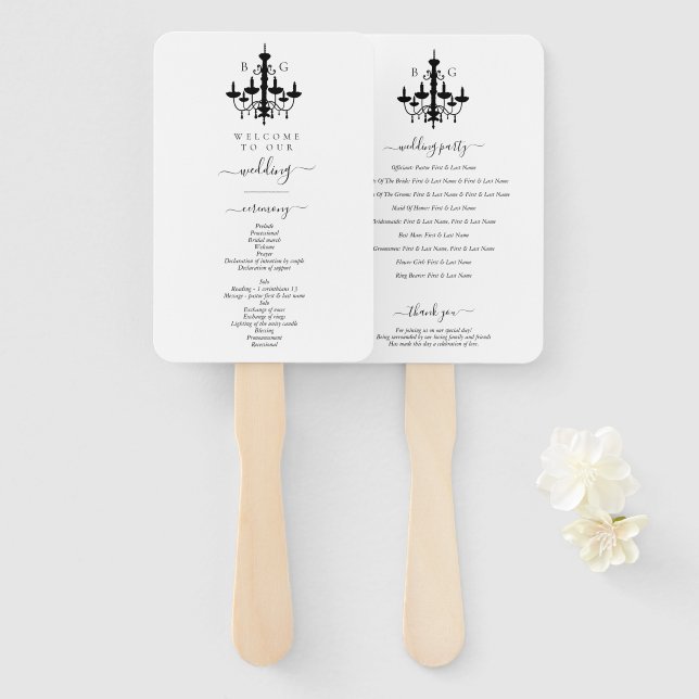 Éventail Élégant lustre noir blanc Mariage (Devant et derrière)