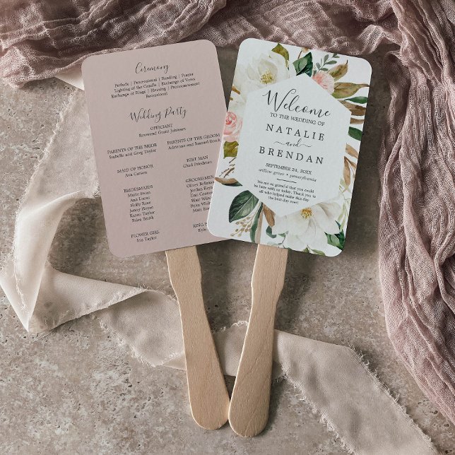 Éventail Elegant Magnolia White & Blush Wedding Program Fan (Créateur téléchargé)