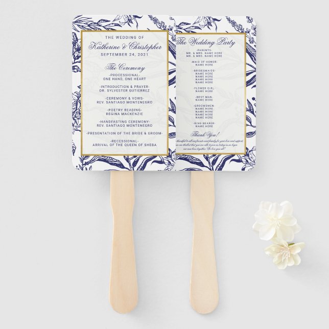 Éventail Élégant Mariage botanique en or bleu marine romant (Devant et derrière)