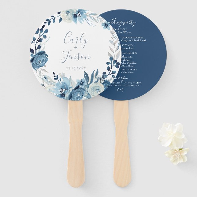 Éventail Élégant Mariage de couronne bleu floral (Devant et derrière)