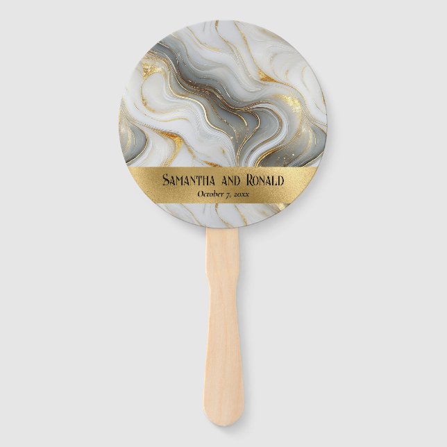 Éventail Elégant Mariage Faux Gold Grey Blanc Marbré (Devant)