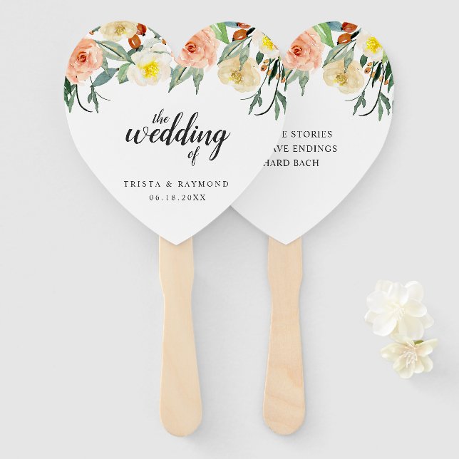 Éventail Elégant Mariage floral de pêche aquarelle (Devant et derrière)