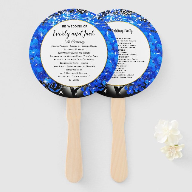 Éventail Élégant Mariage or de feuille de coeur bleu (Devant et derrière)