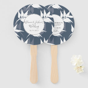 Éventail Élégant motif botanique feuille bleu blanc mariage