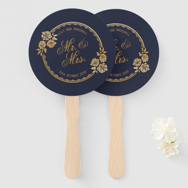 Éventail Elégant or Mariage personnalisé | Ventilateurs (Devant et derrière)