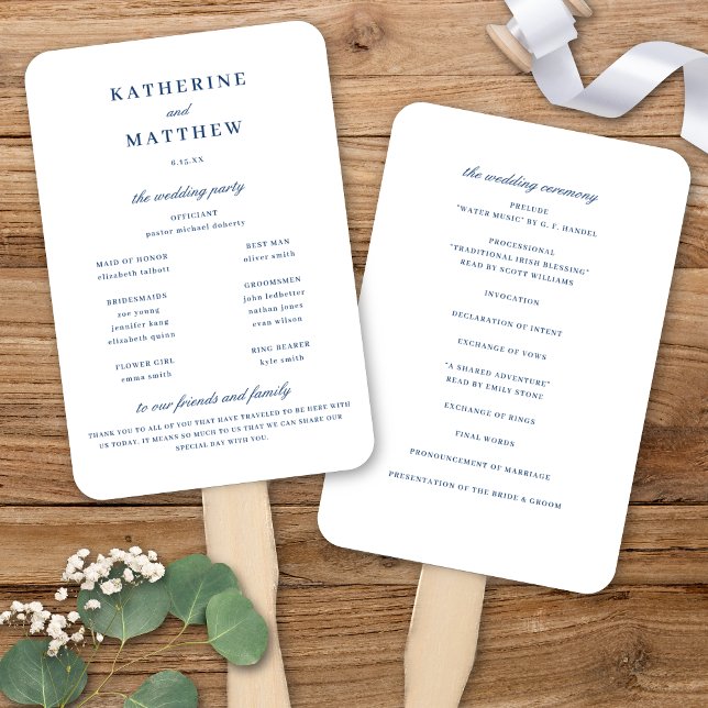 Éventail Élégant programme de cérémonie de Mariage blanc et (Elegant White & Blue Wedding Ceremony Program Hand Fan)