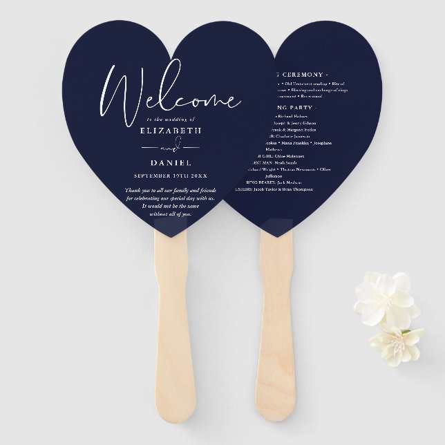 Éventail Élégant programme de mariage bleu marine Coeur (Devant et derrière)