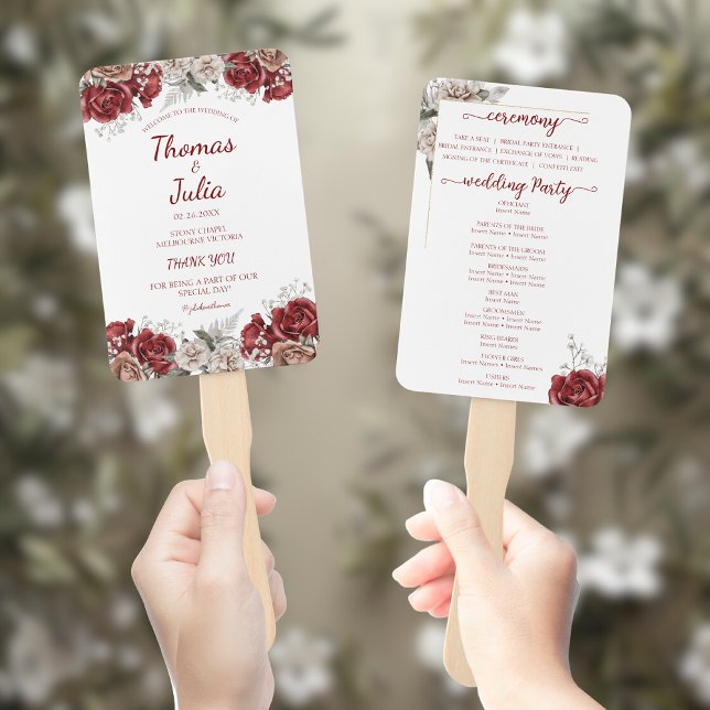 Éventail Élégant programme de mariage Bourgogne & Silver Fl (Elegant Wedding Program Burgundy & Silver Floral Hand Fan)
