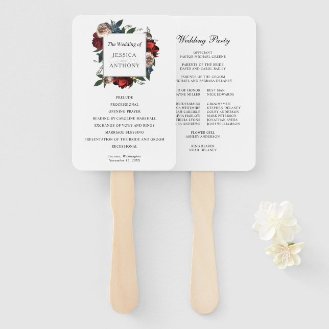 Éventail Élégant programme de mariage de cadres floraux (Devant et derrière)