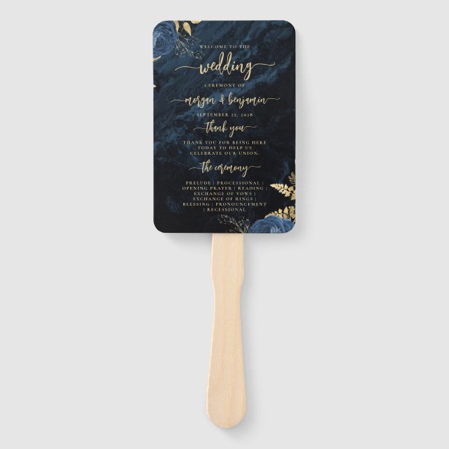 Éventail Élégant programme de mariage floral en agate bleu  (Devant)