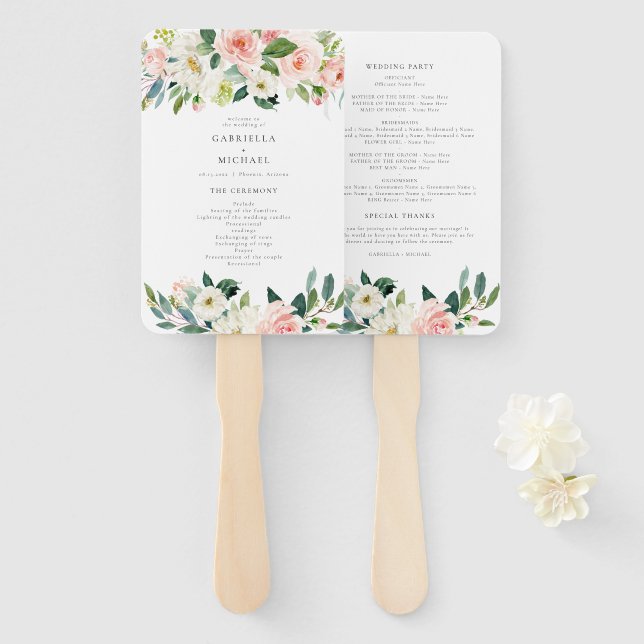 Éventail Élégant programme de mariage floral rose rose (Devant et derrière)