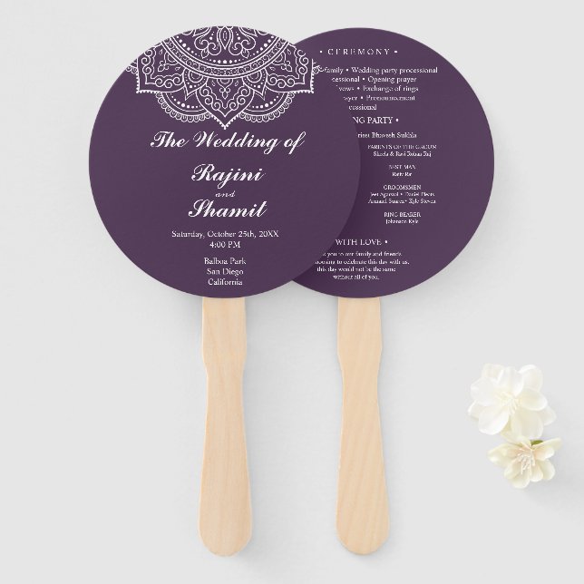 Éventail Élégant programme de mariage indien Eggplant Paisl (Devant et derrière)