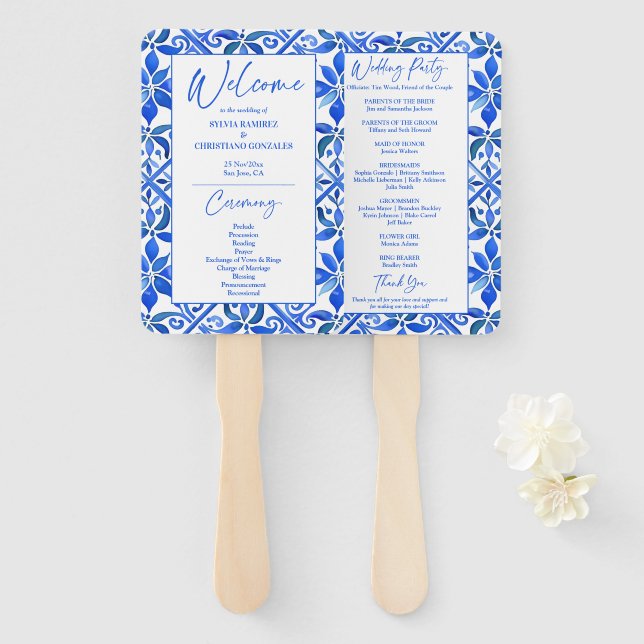 Éventail Élégant programme de mariage mexicain Talavera ble (Devant et derrière)