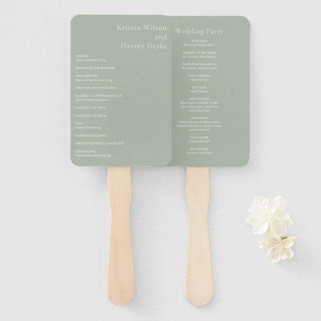 Éventail Élégant Programme de Mariage Moderne Vert Sauge (Devant et derrière)