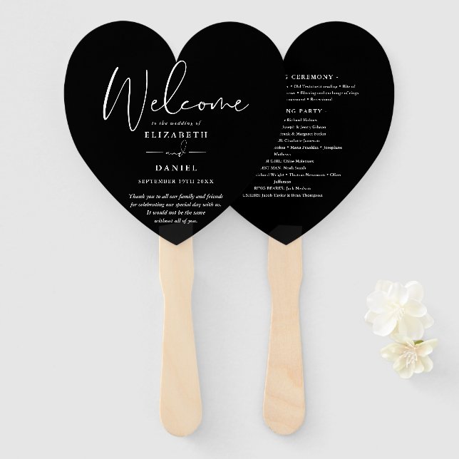 Éventail Élégant programme de mariage noir et blanc Coeur (Devant et derrière)