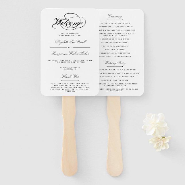 Éventail Élégant programme de mariage noir et blanc de scri (Devant et derrière)
