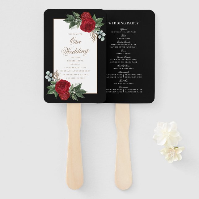 Éventail Élégant programme de mariage rouge floral noir et  (Devant et derrière)