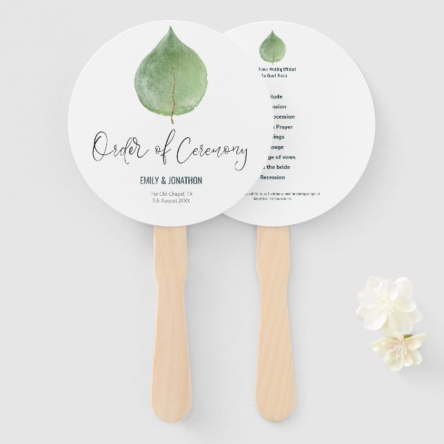 Éventail Élégant programme de mariage vert Eucalyptus feuil (Devant et derrière)