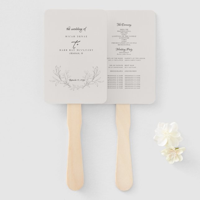 Éventail Élégant Programme Neutre De Mariage De Foliage À M (Devant et derrière)