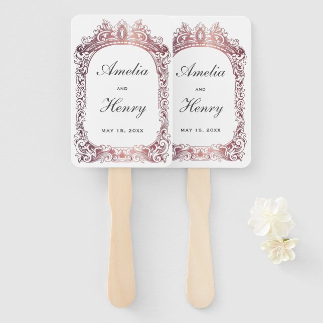 Éventail Elégant Rose classique Gold Bordure Mariage blanc (Devant et derrière)