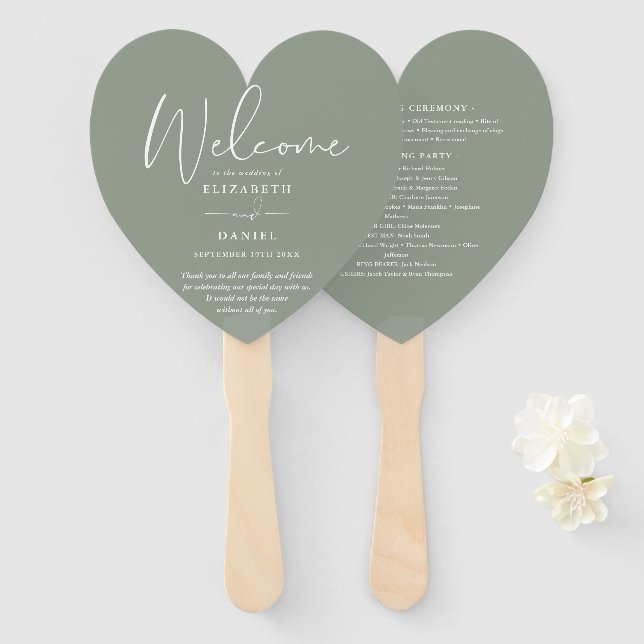 Éventail Élégant Sage Green Programme de mariage Coeur (Devant et derrière)