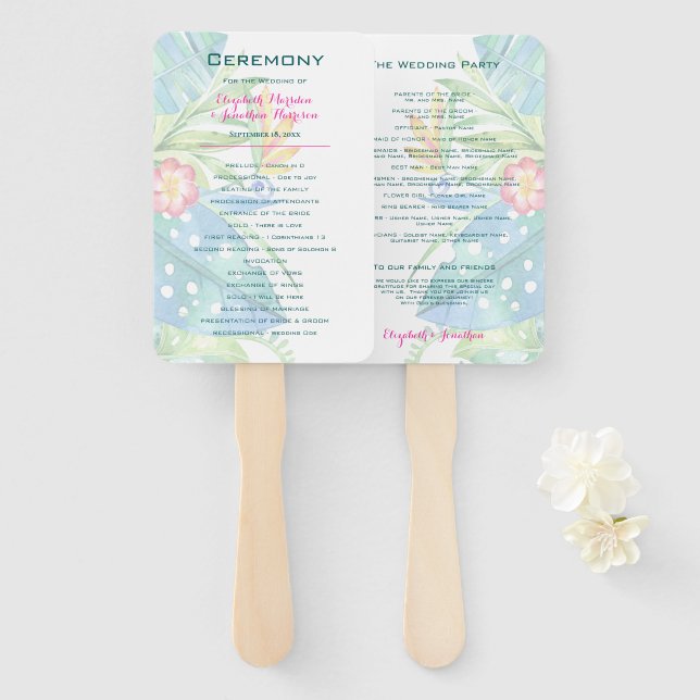 Éventail Élégant Tropical Floral Turquoise Pink Wedding Pro (Devant et derrière)