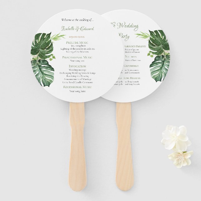 Éventail Élégant Tropical Green Monstera Feuille Mariage (Devant et derrière)