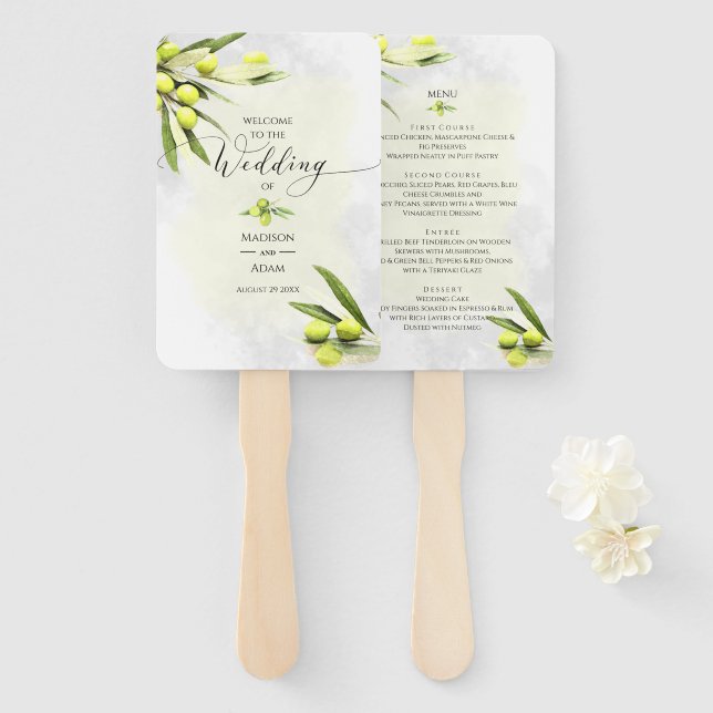 Éventail Elégante aquarelle Branches d'olive Menu Mariage (Devant et derrière)