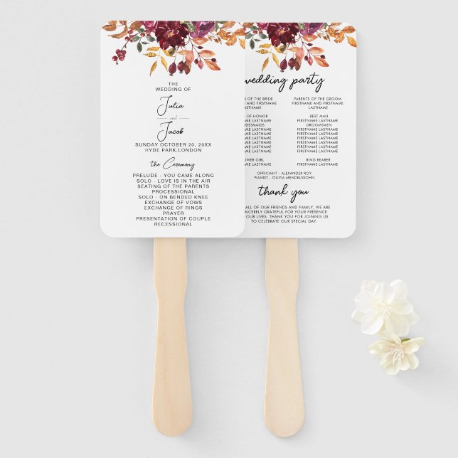 Éventail Elégante aquarelle d'automne Mariage Floral (Devant et derrière)
