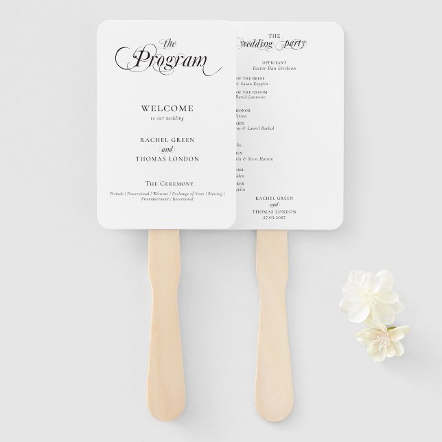 Éventail Élégante calligraphie noir blanc programme de mari (Devant et derrière)