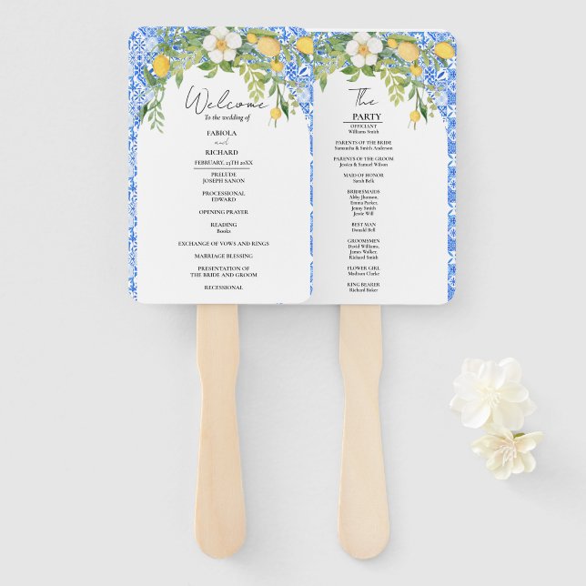 Éventail Elégante Carte du programme de mariage bleu médite (Devant et derrière)