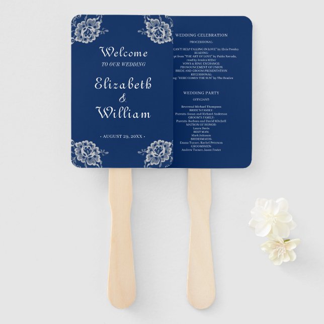 Éventail Elégante dentelle florale sur Mariage bleu marine (Devant et derrière)