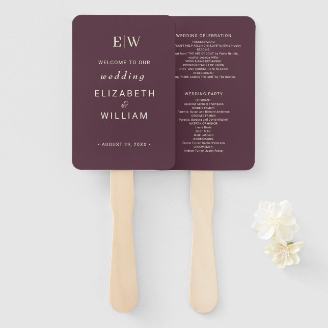 Éventail Elégante laque simple cerise, Mariage Monogramme (Devant et derrière)