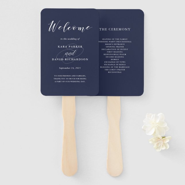 Éventail Élégante typographie | Mariage bleu marine (Devant et derrière)