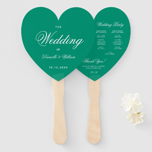 Éventail Emerald Green Heart Elegant Script Wedding Program (Devant et derrière)